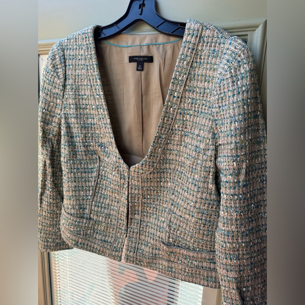 Ann Taylor Women's Tweed Blazer - Cream and Blue